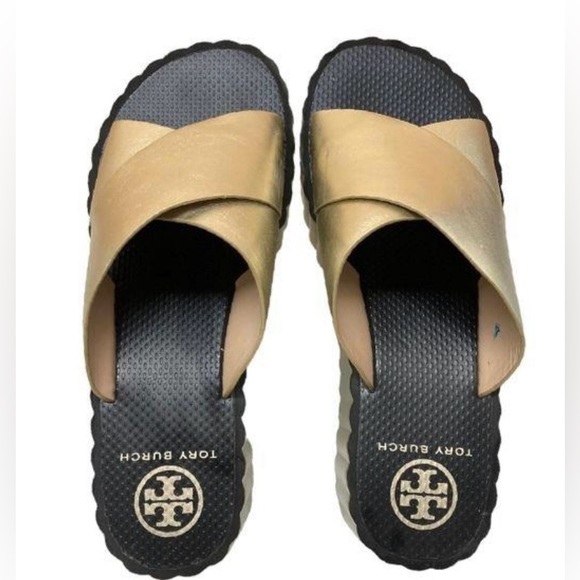 Tory Burch Shoes - Tory Burch Gold Leather Slide On Cross Strap Summer Platform Sandals Size 11